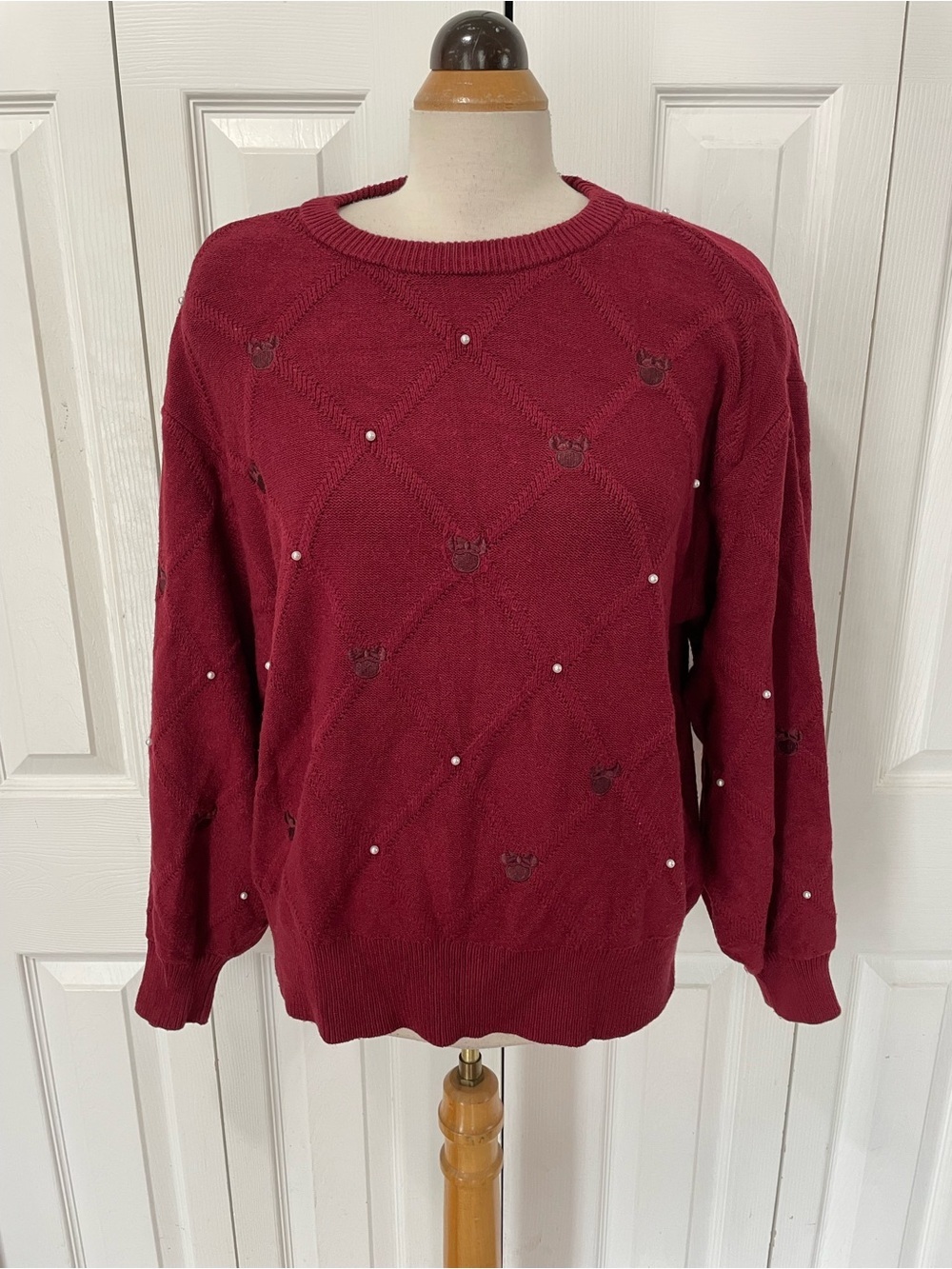 Disney Burgundy Mini Mouse Crewneck Sweater with Faux Pearl Accents